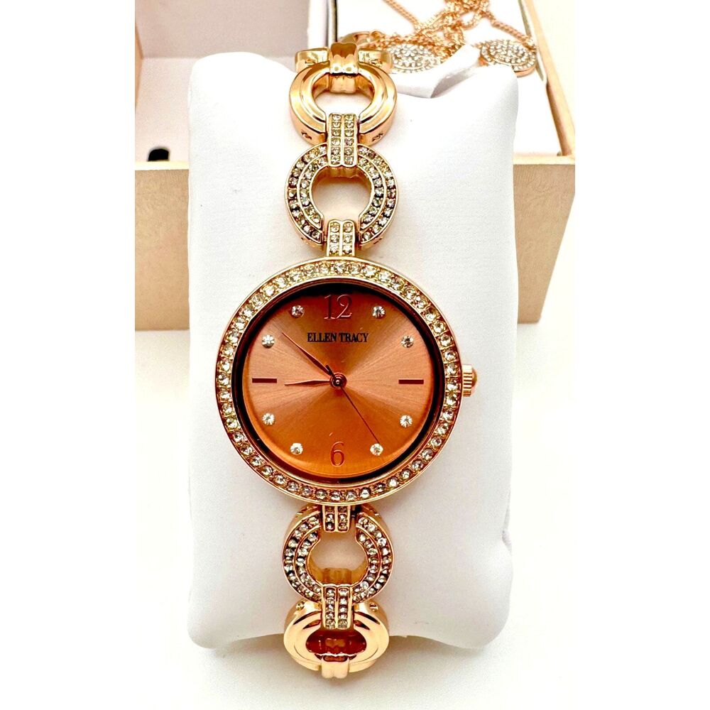 Ellen Tracy Rose-gold Watch/Necklace/Earring Box Set Chronograph Timepiece